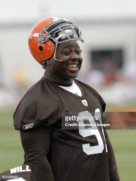 Defenisive Lineman Shaun Smith of the Cleveland Browns smiles during the first day of training camp on Wednesday, July 23, 2008 at the Brown's...