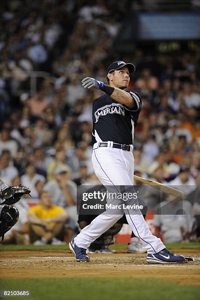 Josh Hamilton of the Texas Rangers hits during the State Farm Home Run Derby at the Yankee Stadium in the Bronx, New York on July 14, 2008.