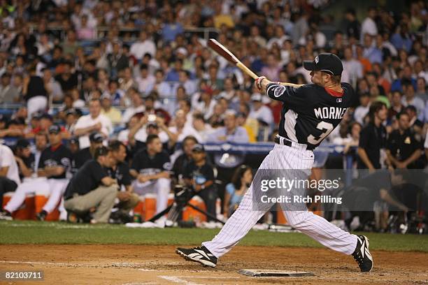 Justin Morneau of the Minnesota Twins hits during the State Farm Home Run Derby at the Yankee Stadium in the Bronx, New York on July 14, 2008.