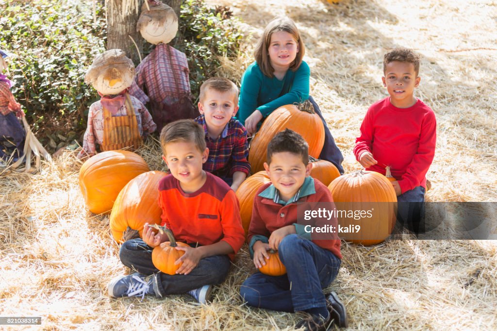 Group of children with pumpkins at fall festival