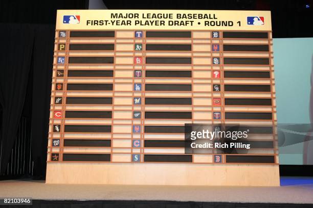 The draft board during the 2008 Major League Baseball Draft held in the Milk House in Disney's Wide World of Sports in Lake Buena Vista, Florida on...