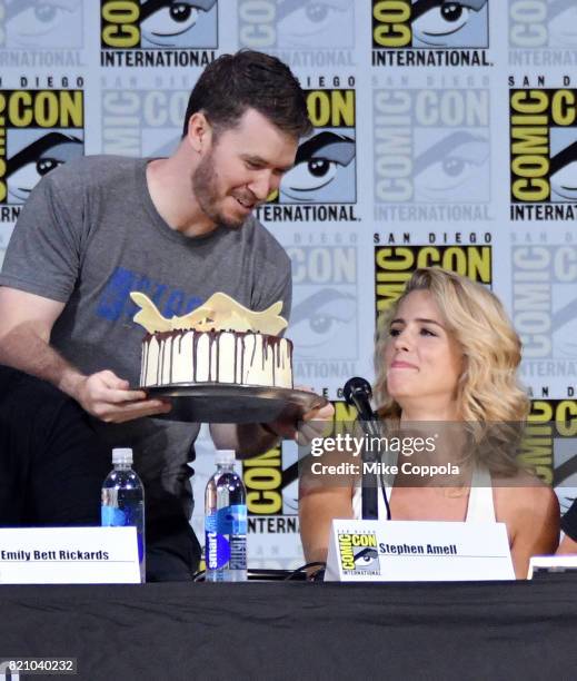 Actor Emily Bett Rickards attends the "Arrow" Video Presentation And Q+A during Comic-Con International 2017 at San Diego Convention Center on July...