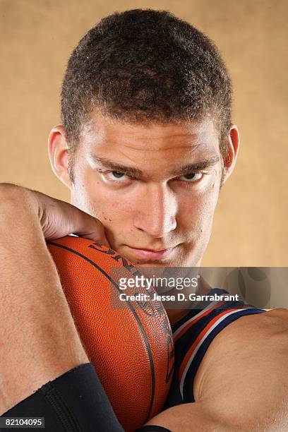 Brook Lopez of the New Jersey Nets poses for a portrait during the 2008 NBA Rookie Photo Shoot on July 29, 2008 at the MSG Training Facility in...