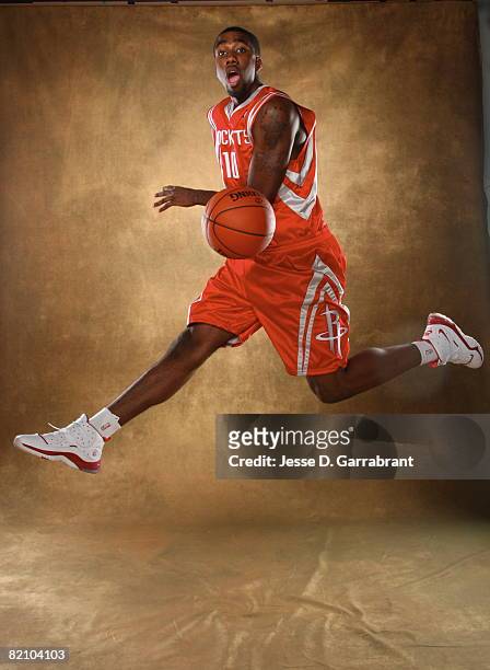 Donte Greene of the Houston Rockets poses for a portrait during the 2008 NBA Rookie Photo Shoot on July 29, 2008 at the MSG Training Facility in...