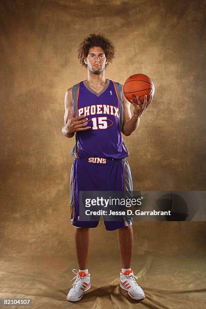 Robin Lopez of the Phoenix Suns poses for a portrait during the 2008 NBA Rookie Photo Shoot on July 29, 2008 at the MSG Training Facility in...