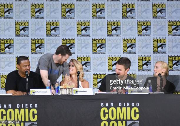 Actors David Ramsey, Emily Bett Rickards, Stephen Amell and Katie Cassidy attend the "Arrow" Video Presentation And Q+A during Comic-Con...