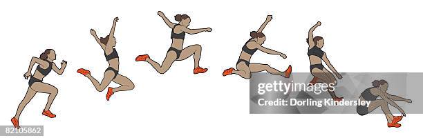 different stages of athlete performing hitch-kick long jump - woman long jump stock-grafiken, -clipart, -cartoons und -symbole