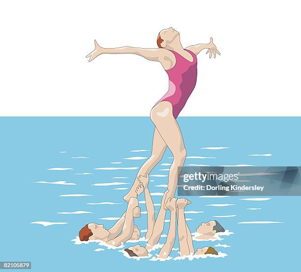 illustrations, cliparts, dessins animés et icônes de woman in swimming costume standing on hands of five simmers - synchronized swimming