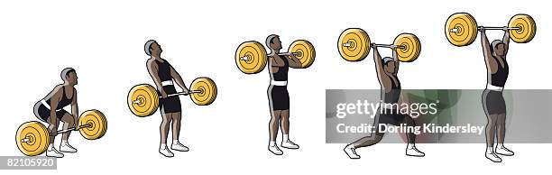 five stages of weightlifter lifting barbell - people capability digital yellow stock-grafiken, -clipart, -cartoons und -symbole