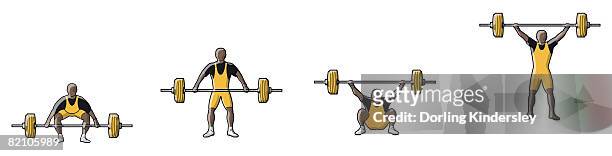 four stages of weightlifter lifting barbell - people capability digital yellow stock-grafiken, -clipart, -cartoons und -symbole