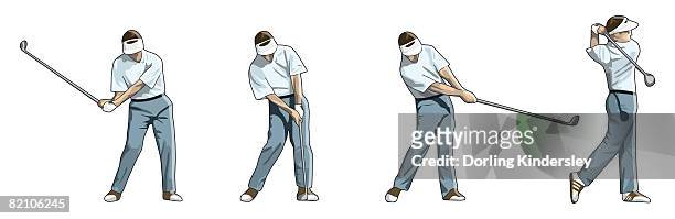 four stages of golfer performing downswing and impact - golf swing on white stock illustrations
