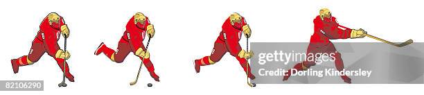 four stages of ice hockey player performing wrist shot - people capability digital yellow stock-grafiken, -clipart, -cartoons und -symbole