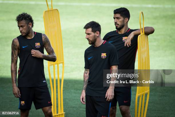Lionel Messi of Barcelona, Luis Suarez of Barcelona and Neymar of Barcelona practice during the International Champions Cup FC Barcelona training...
