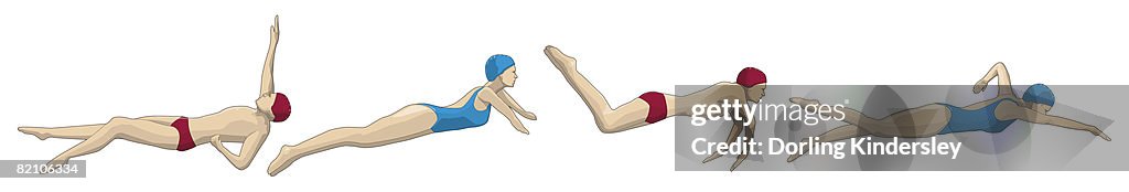 Medley relay, four swimmers performing backstroke, breaststroke, butterfly and freestyle