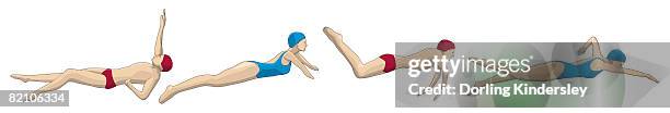 medley relay, four swimmers performing backstroke, breaststroke, butterfly and freestyle - swimming cap white background stock illustrations