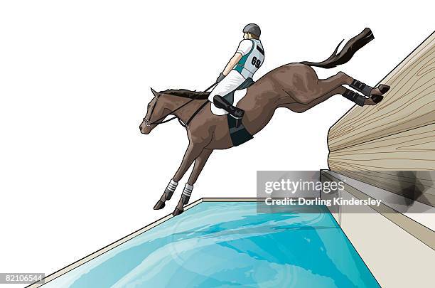 bildbanksillustrationer, clip art samt tecknat material och ikoner med eventing rider jumping over water - hästfälttävlan