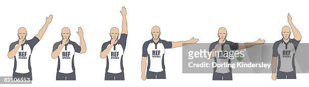 rugby referee signalling penalty kick, free kick, try and penalty kick, advantage, scrum awarded, knock on - referee shirt stock illustrations