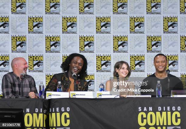 Writer Marc Guggenheim, and actors Echo Kellum, Willa Holland and David Ramsey attend the "Arrow" Video Presentation And Q+A during Comic-Con...