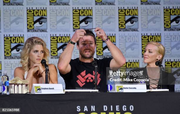 Actors Emily Bett Rickards, Stephen Amell and Katie Cassidy attend the "Arrow" Video Presentation And Q+A during Comic-Con International 2017 at San...