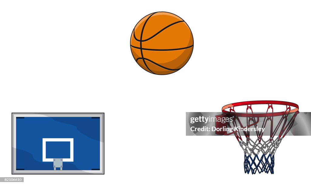Basketball backboard, ball, hoop and netting