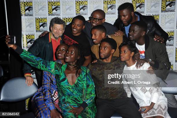 Actor Andy Serkis, director Ryan Coogler, actors Forest Whitaker, Michael B. Jordan, Winston Duke, and Daniel Kaluuya, actors Danai Gurira, Lupita...