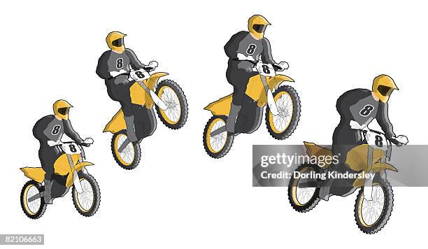 four stages of motocross rider jumping and landing - people capability digital yellow stock-grafiken, -clipart, -cartoons und -symbole