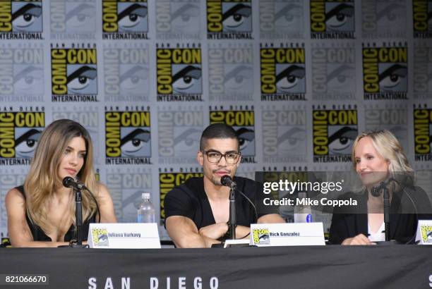 Actors Juliana Harkavy, Rick Gonzalez and producer Wendy Mericle attend the "Arrow" Video Presentation And Q+A during Comic-Con International 2017 at...