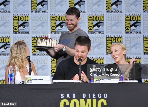 Actors Emily Bett Rickards, Stephen Amell and Katie Cassidy attend the "Arrow" Video Presentation And Q+A during Comic-Con International 2017 at San...