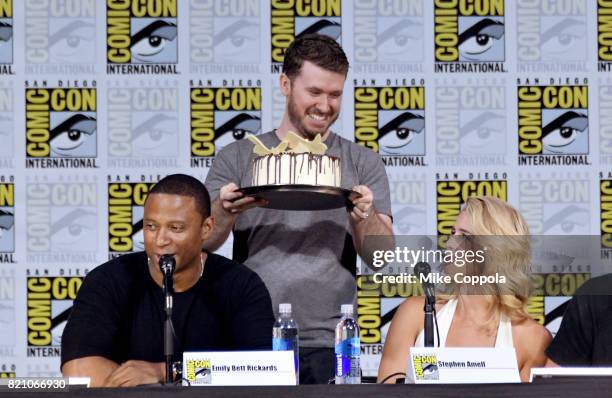 Actors David Ramsey and Katie Cassidy attend the "Arrow" Video Presentation And Q+A during Comic-Con International 2017 at San Diego Convention...