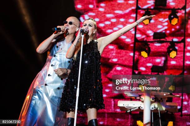 Philip Oakey and Susan Ann Sulley of The Human League perform on Day 2 of Rewind Festival at Scone Palace on July 22, 2017 in Perth, Scotland.