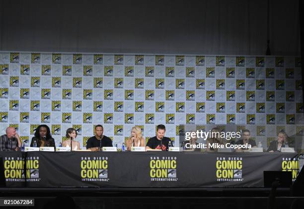 Writer Marc Guggenheim, actors Echo Kellum, Willa Holland, David Ramsey, Emily Bett Rickards, Stephen Amell, Katie Cassidy, Juliana Harkavy, Rick...