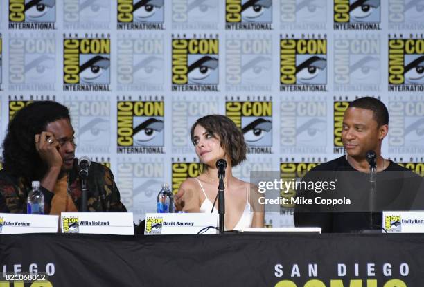 Actors Echo Kellum, Willa Holland and David Ramsey attend the "Arrow" Video Presentation And Q+A during Comic-Con International 2017 at San Diego...