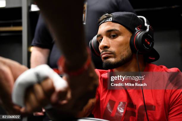 Dennis Bermudez gets his hands wrapped backstage during the UFC Fight Night event inside the Nassau Veterans Memorial Coliseum on July 22, 2017 in...