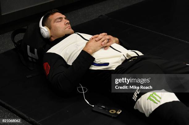 Chris Weidman rests backstage during the UFC Fight Night event inside the Nassau Veterans Memorial Coliseum on July 22, 2017 in Uniondale, New York.