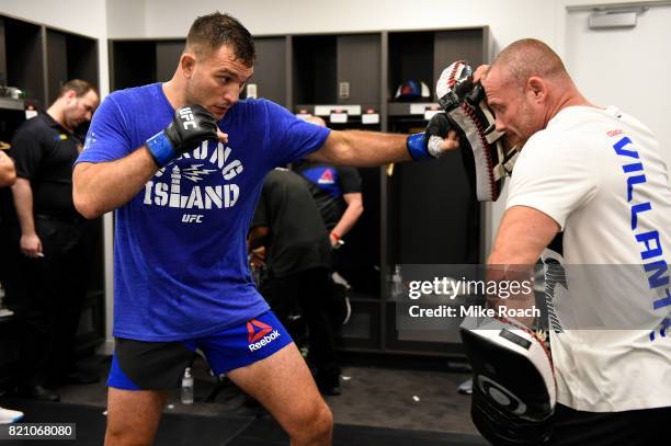 Gian Villante warms up backstage during the UFC Fight Night event inside the Nassau Veterans Memorial Coliseum on July 22, 2017 in Uniondale, New...