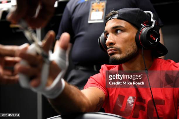 Dennis Bermudez gets his hands wrapped backstage during the UFC Fight Night event inside the Nassau Veterans Memorial Coliseum on July 22, 2017 in...