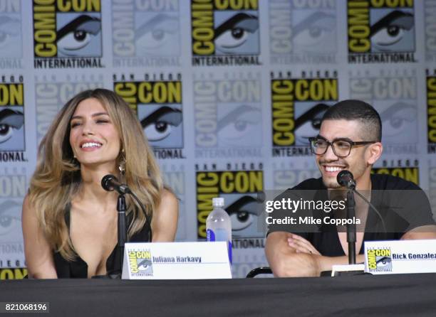 Actors Juliana Harkavy and Rick Gonzalez attend the "Arrow" Video Presentation And Q+A during Comic-Con International 2017 at San Diego Convention...