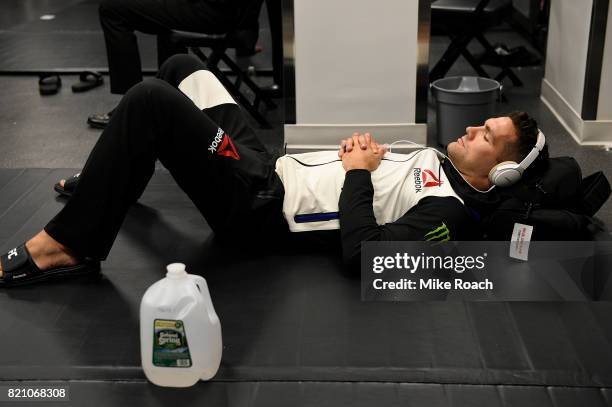 Chris Weidman rests backstage during the UFC Fight Night event inside the Nassau Veterans Memorial Coliseum on July 22, 2017 in Uniondale, New York.