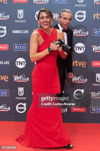 Imanol Arias and Irene Meritxell attend the Platino Awards 2017 photocall at the La Caja Magica on July 22, 2017 in Madrid, Spain.