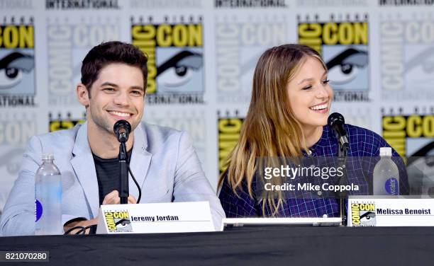 Jeremy Jordan and Melissa Benoist attend the "Supergirl" special video presentation during Comic-Con International 2017 at San Diego Convention...