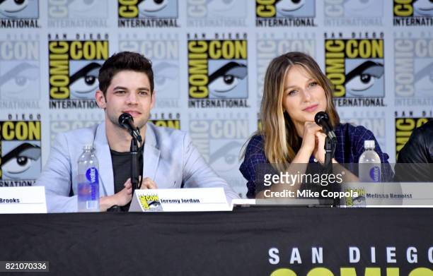 Jeremy Jordan and Melissa Benoist attend the "Supergirl" special video presentation during Comic-Con International 2017 at San Diego Convention...