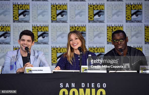 Jeremy Jordan, Melissa Benoist, and David Harewood attends the "Supergirl" special video presentation during Comic-Con International 2017 at San...