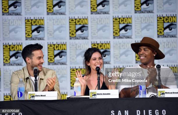 Chris Wood, Odette Annable, and Mehcad Brooks attend the "Supergirl" special video presentation during Comic-Con International 2017 at San Diego...