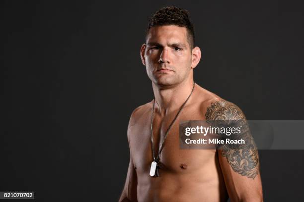 Chris Weidman poses for a post fight portrait backstage during the UFC Fight Night event inside the Nassau Veterans Memorial Coliseum on July 22,...