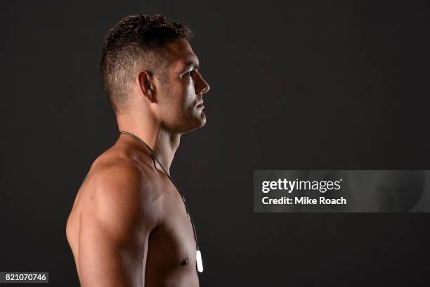 Chris Weidman poses for a post fight portrait backstage during the UFC Fight Night event inside the Nassau Veterans Memorial Coliseum on July 22,...