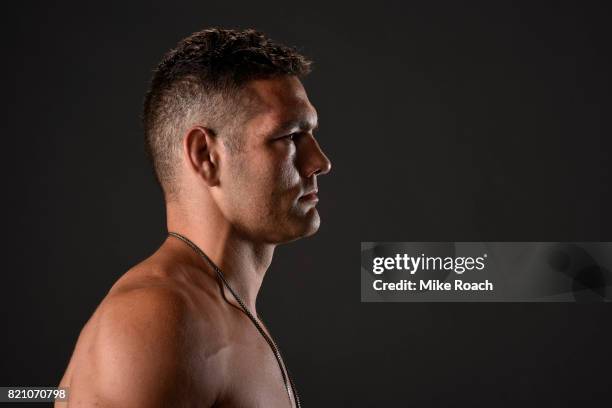 Chris Weidman poses for a post fight portrait backstage during the UFC Fight Night event inside the Nassau Veterans Memorial Coliseum on July 22,...