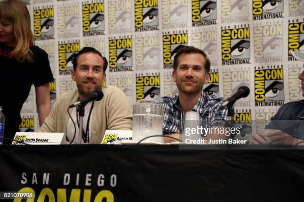 Directors Justin Benson and Aaron Moorhead attend the Bold Voice of Contemporary Horror Panel at the 2017 Comic-Con International on July 22, 2017 in...