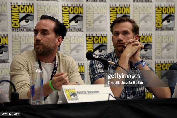 Directors Justin Benson and Aaron Moorhead attend the Bold Voice of Contemporary Horror Panel at the 2017 Comic-Con International on July 22, 2017 in...