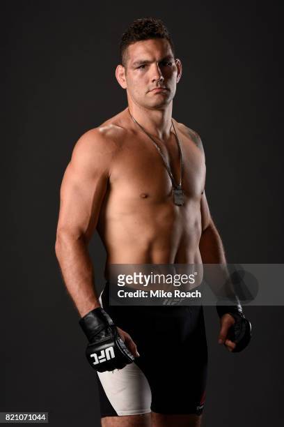 Chris Weidman poses for a post fight portrait backstage during the UFC Fight Night event inside the Nassau Veterans Memorial Coliseum on July 22,...