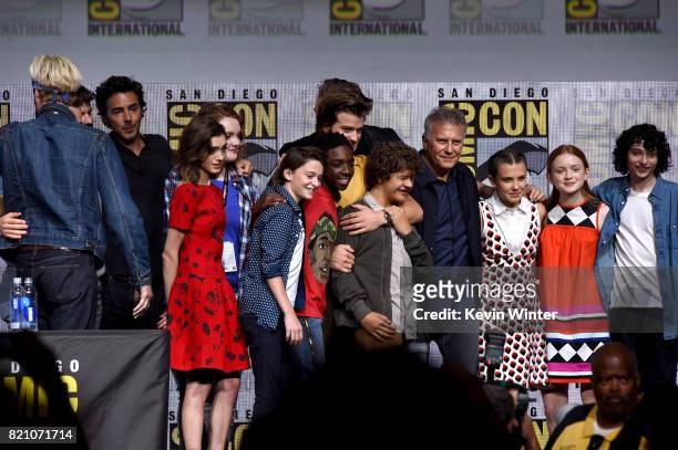 The cast and crew speak onstage during Netflix's "Stranger Things" panel during Comic-Con International 2017 at San Diego Convention Center on July...